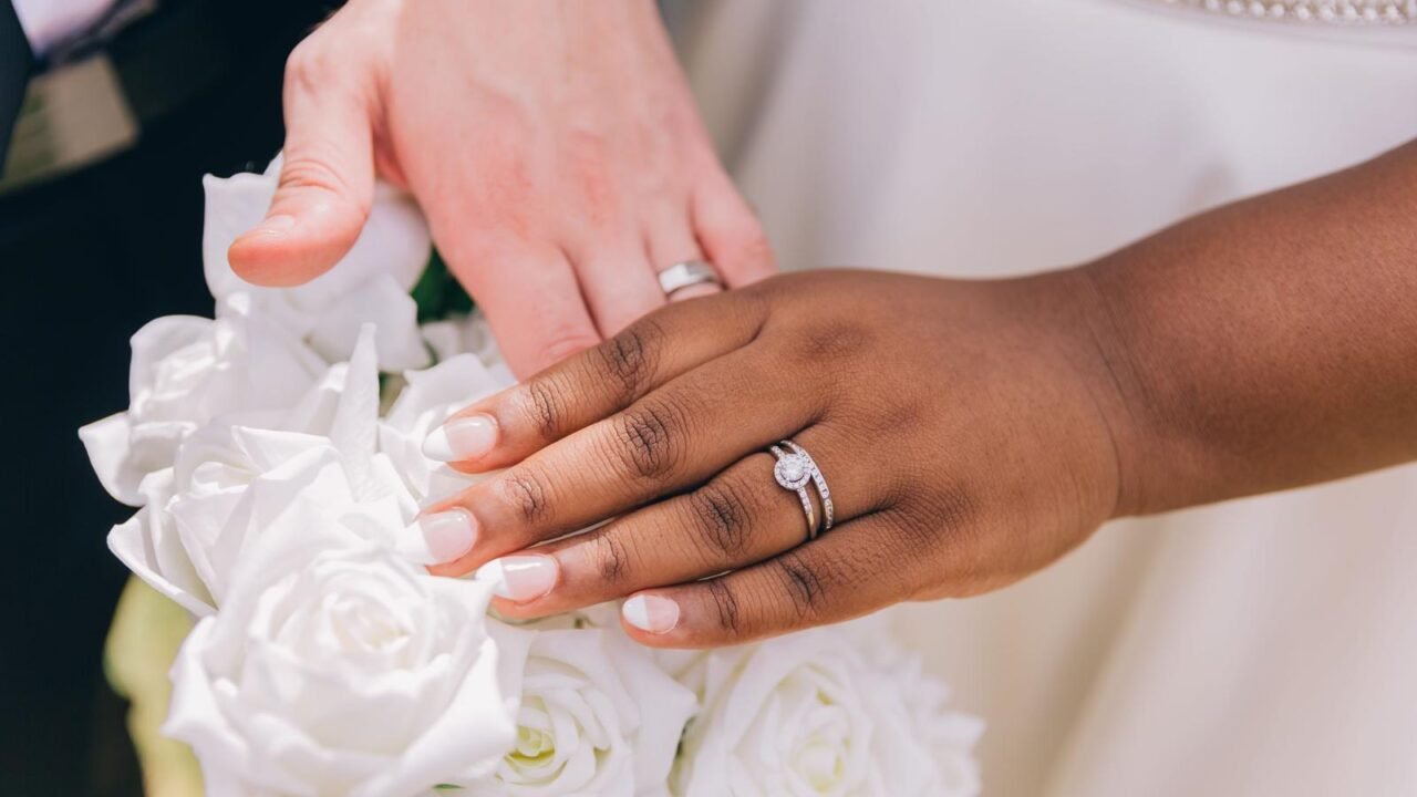 Couple showing off their rings.